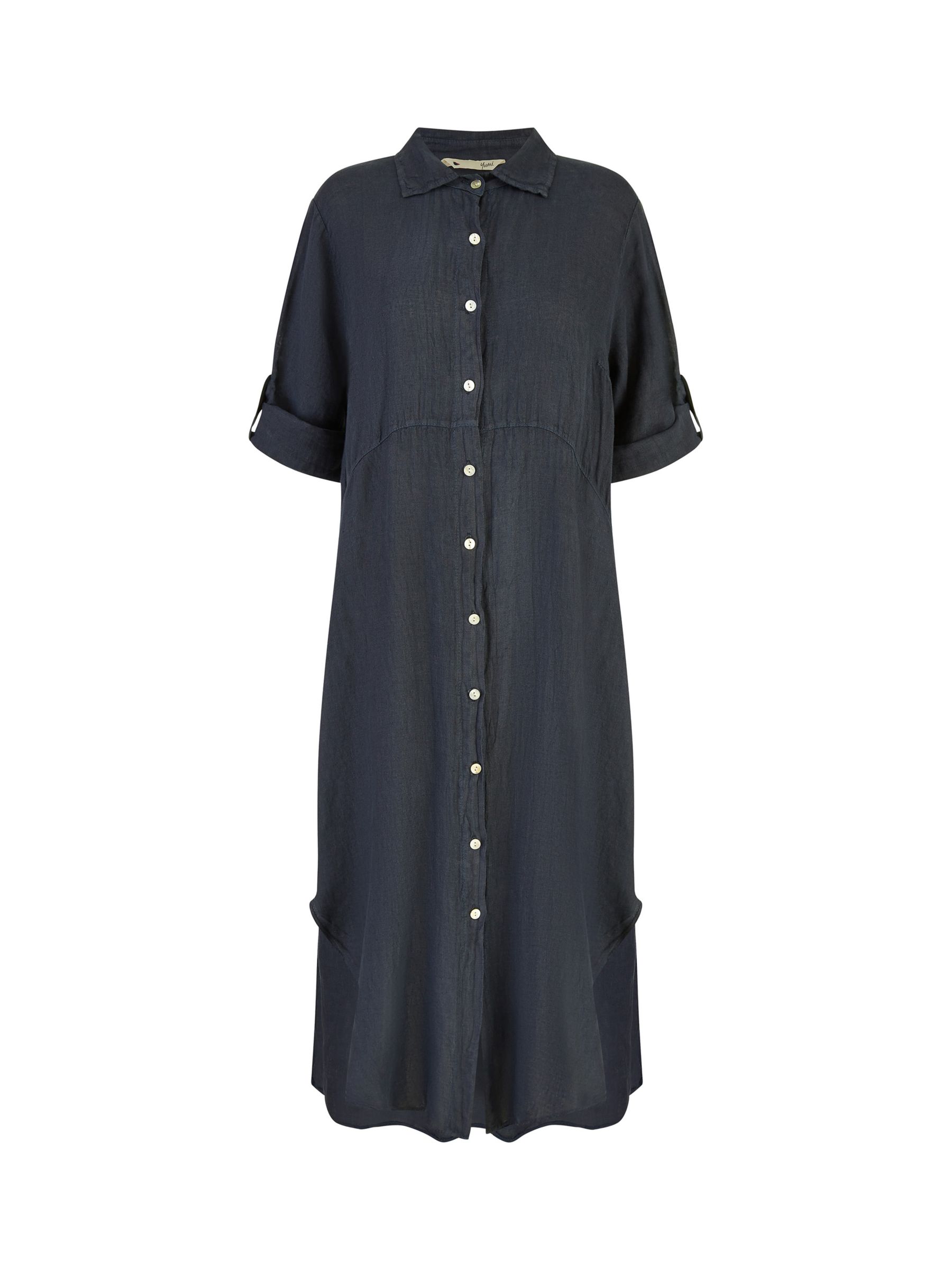 Yumi Italian Linen Relaxed Fit Midi Shirt Dress, Navy, S-M