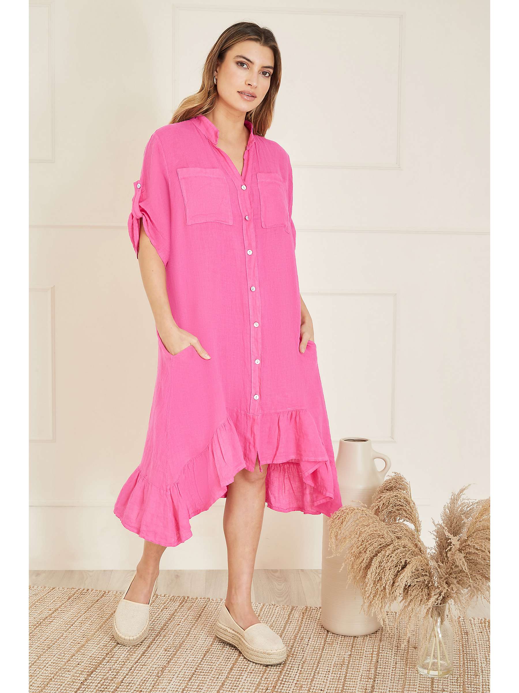 Buy Yumi Italian Linen Frill Detail Midi Shirt Dress, Pink Online at johnlewis.com