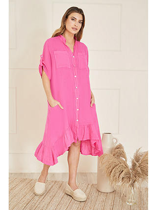Yumi Italian Linen Frill Detail Midi Shirt Dress, Pink