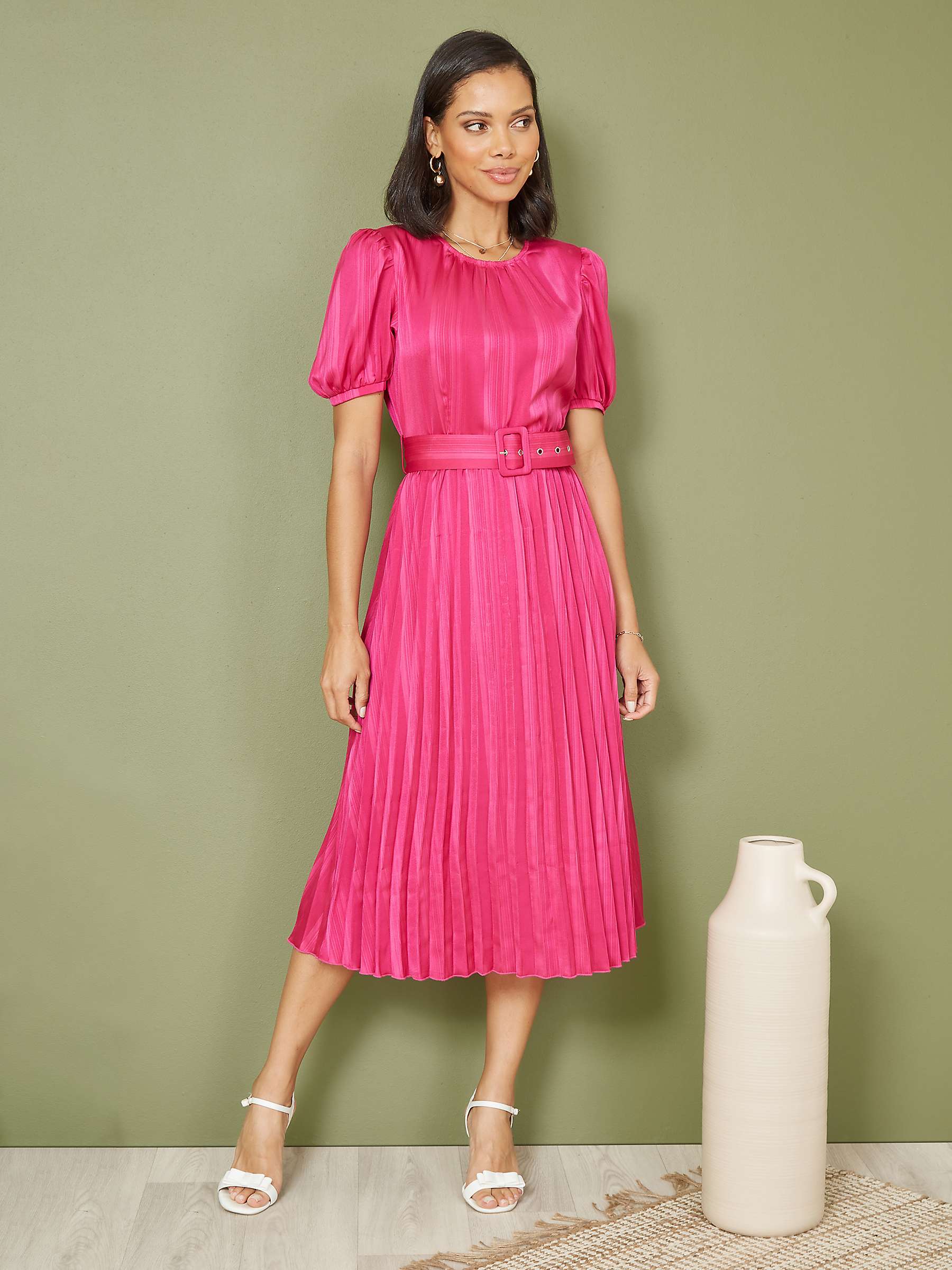 Buy Yumi Satin Pleated Midi Dress, Pink Online at johnlewis.com