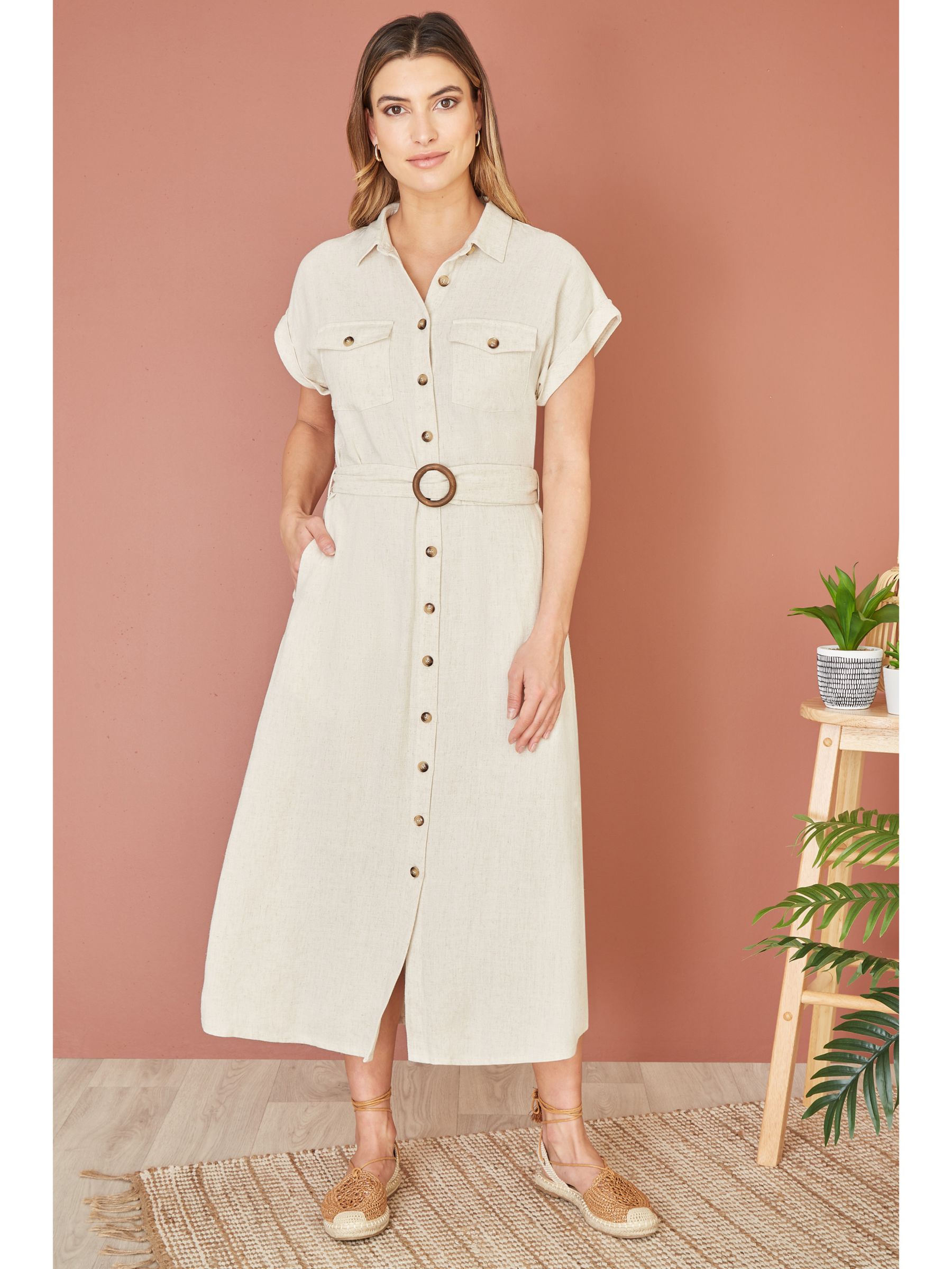 Yumi Linen Look Midi Shirt Dress, Neutral, 8