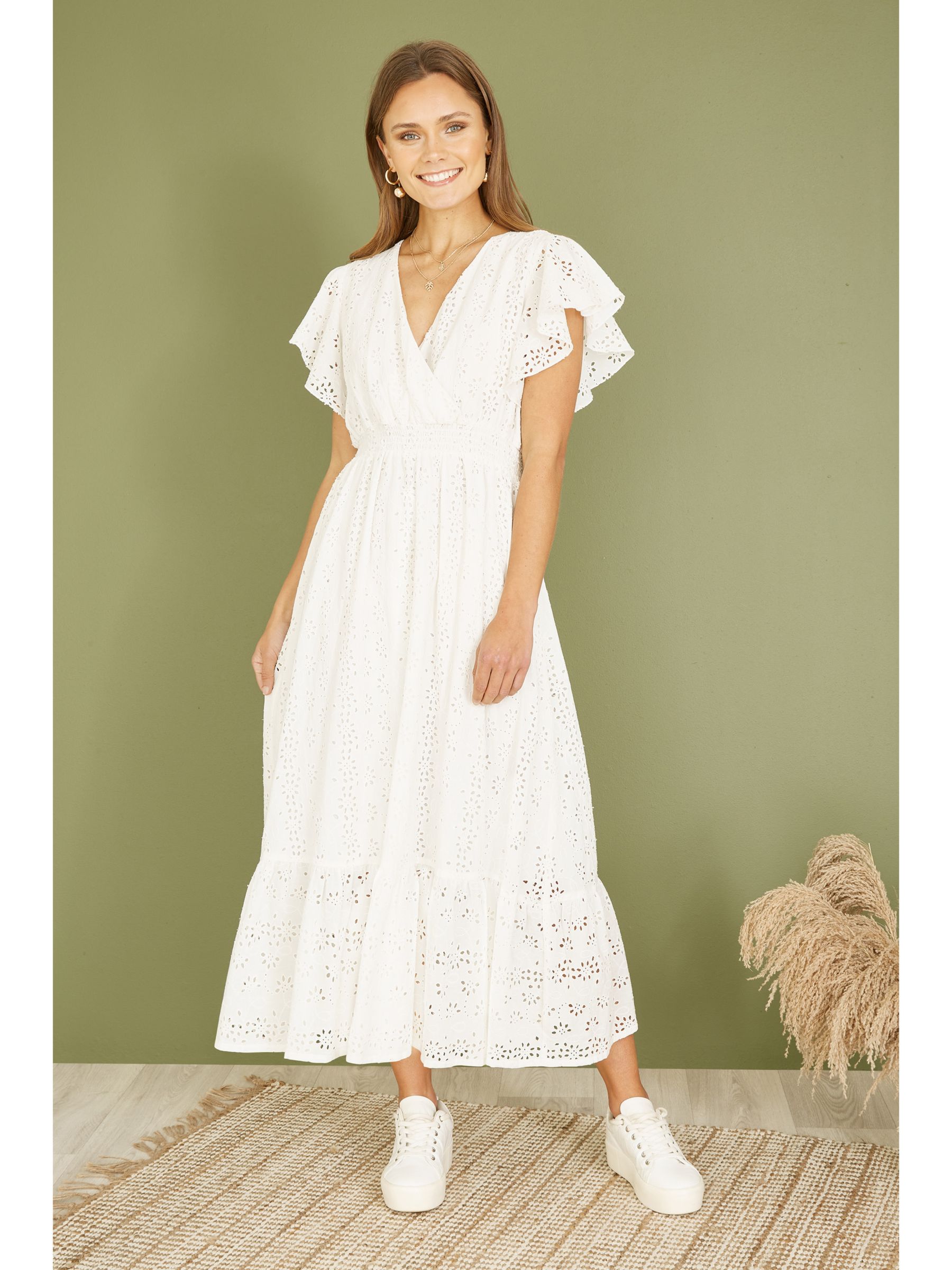 Yumi Broderie Anglaise Wrap Midi Dress, White, 8