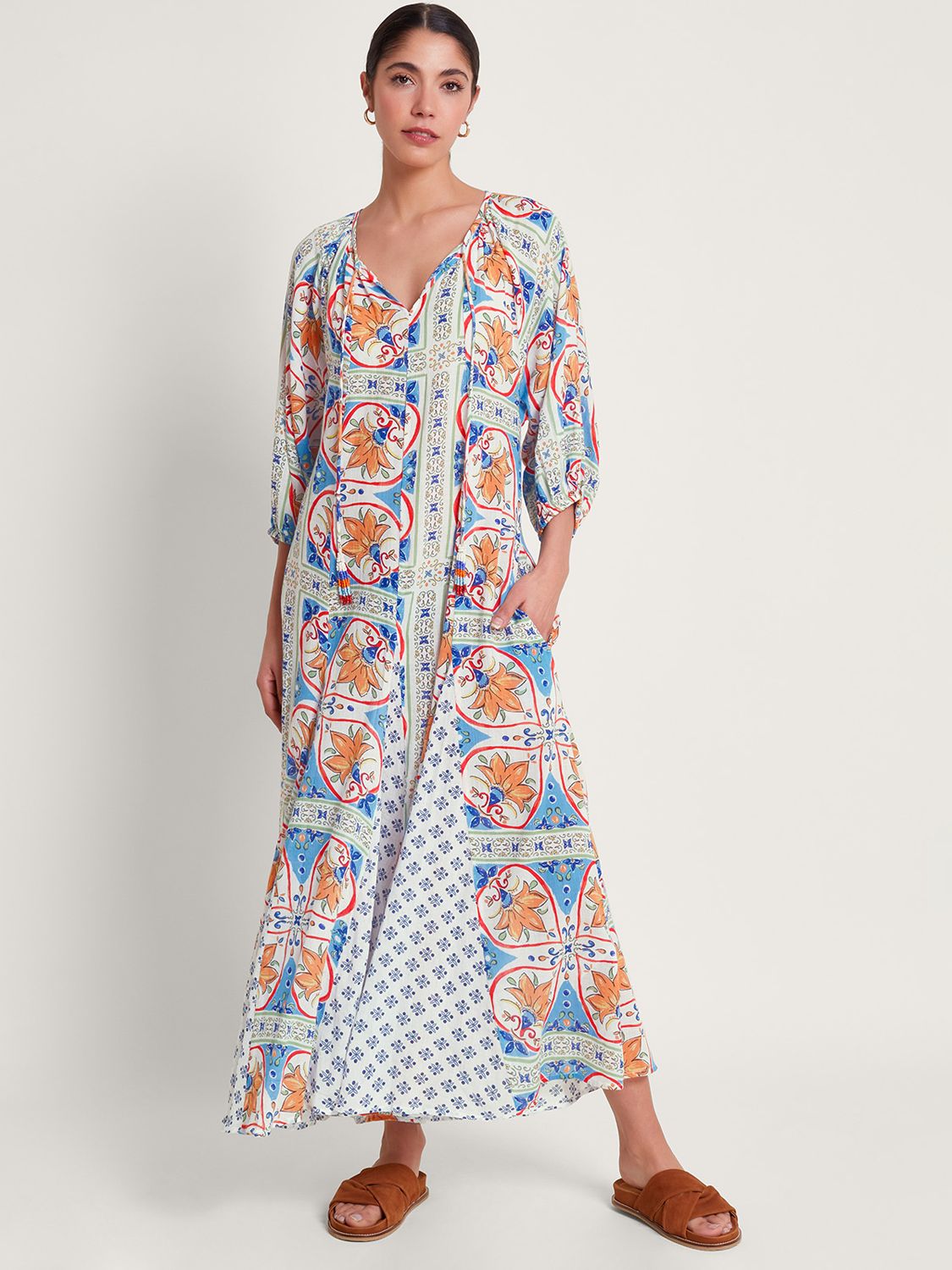 Monsoon Riviera Godet Maxi Dress, Blue/Multi