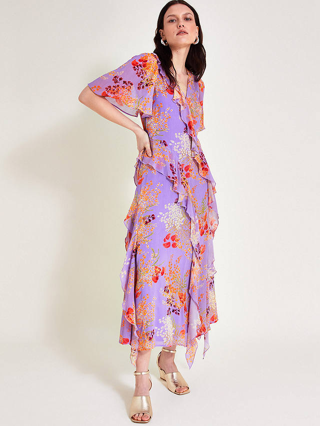 Monsoon Imogen Ruffle Floral Maxi Dress, Purple/Multi
