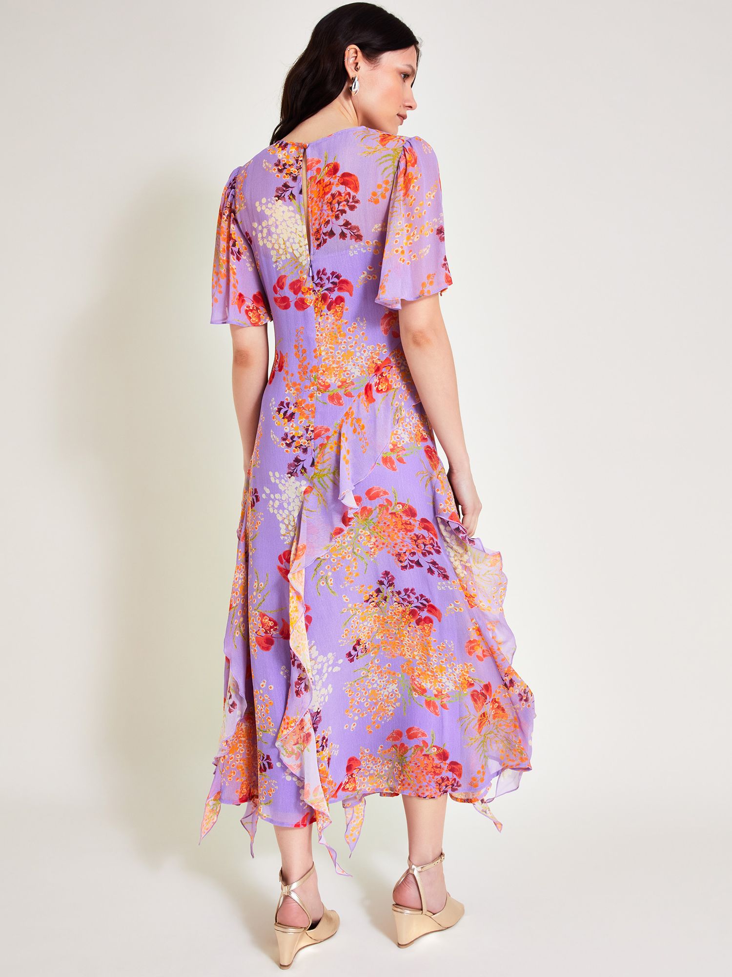 Monsoon Imogen Ruffle Floral Maxi Dress, Purple/Multi, 8