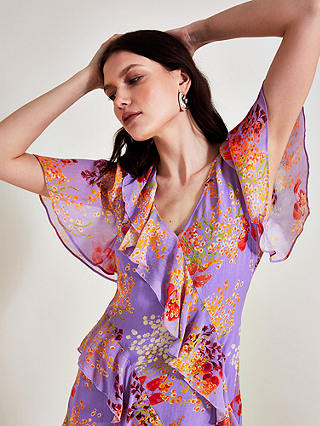 Monsoon Imogen Ruffle Floral Maxi Dress, Purple/Multi