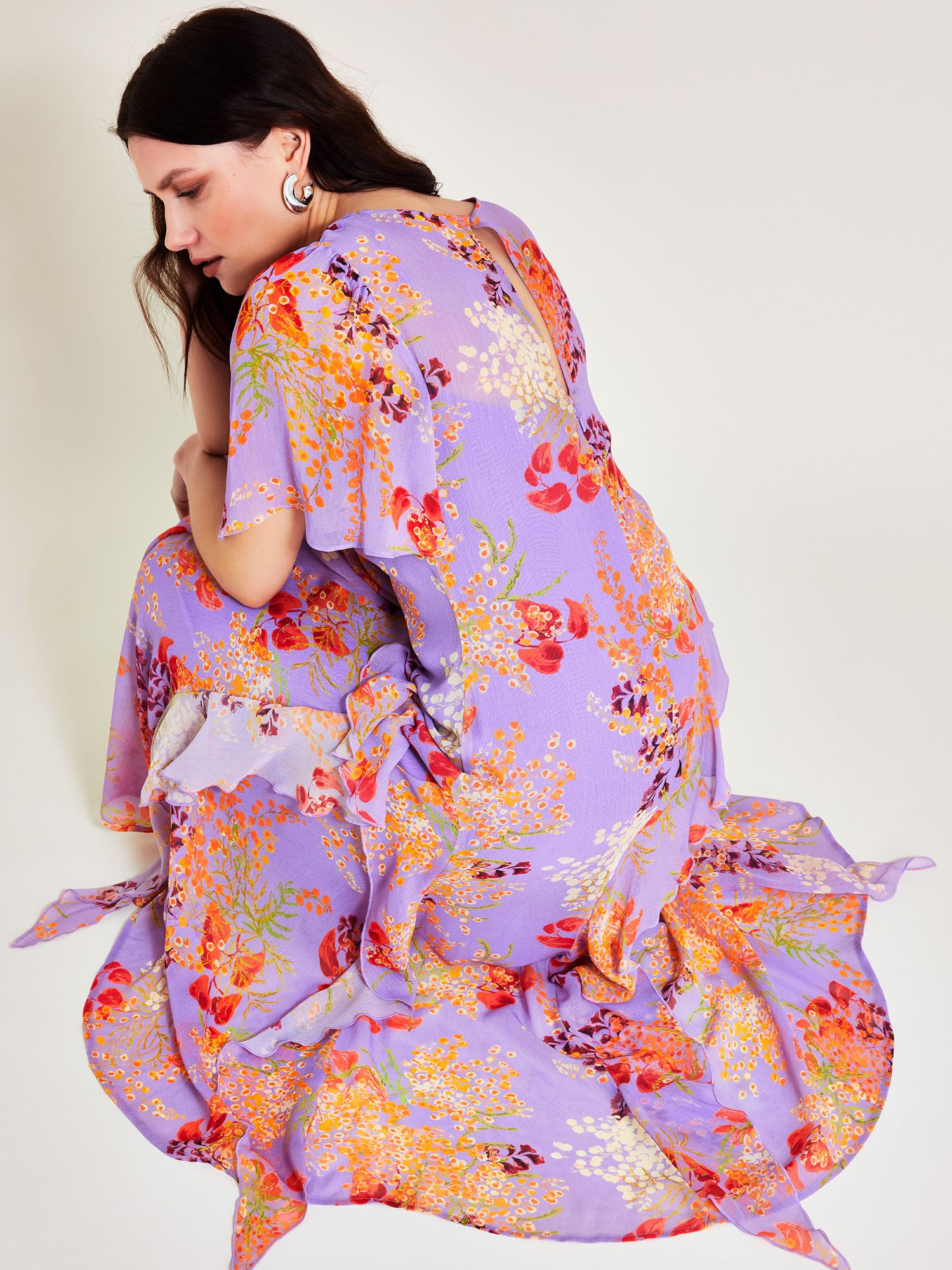 Monsoon Imogen Ruffle Floral Maxi Dress, Purple/Multi, 8