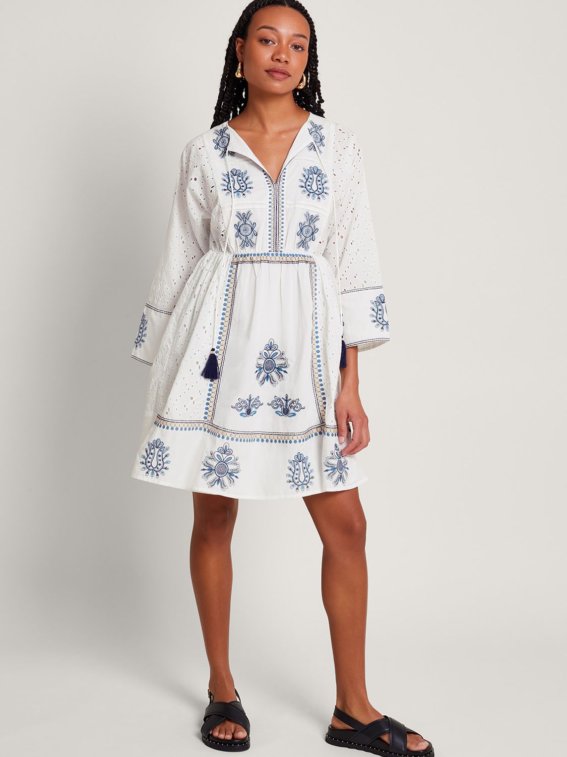 Monsoon Katied Embroidered Kaftan Dress, Ivory/Multi, S