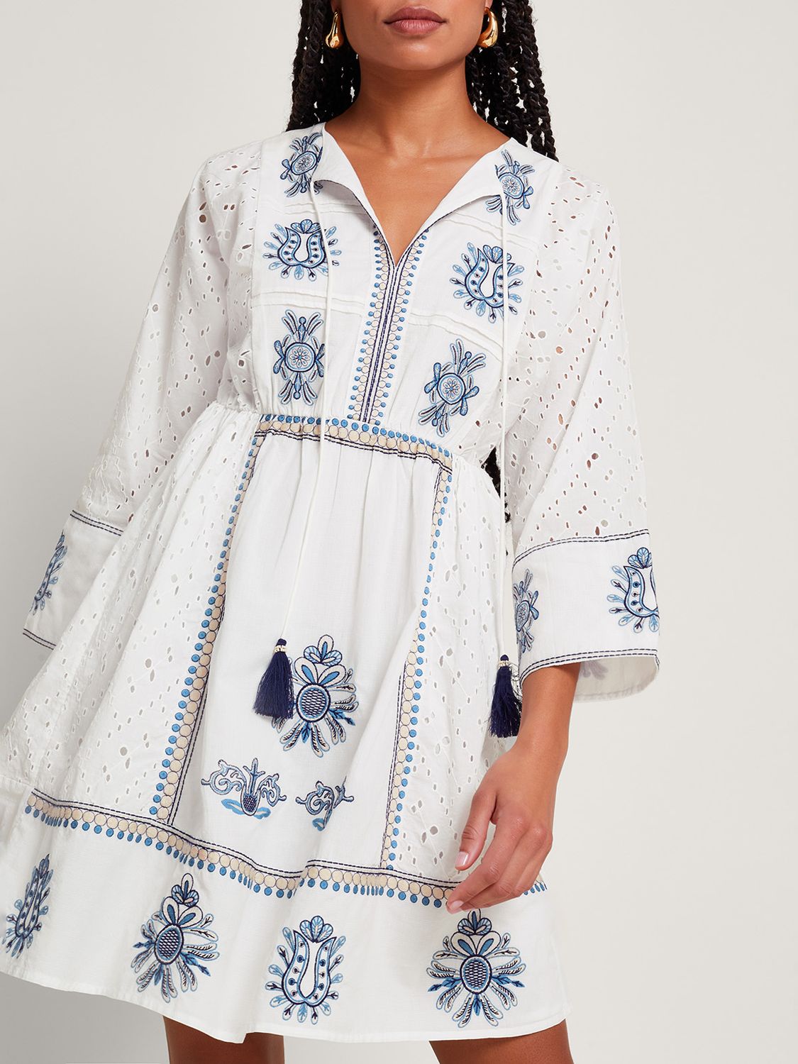 Monsoon Katied Embroidered Kaftan Dress, Ivory/Multi, S