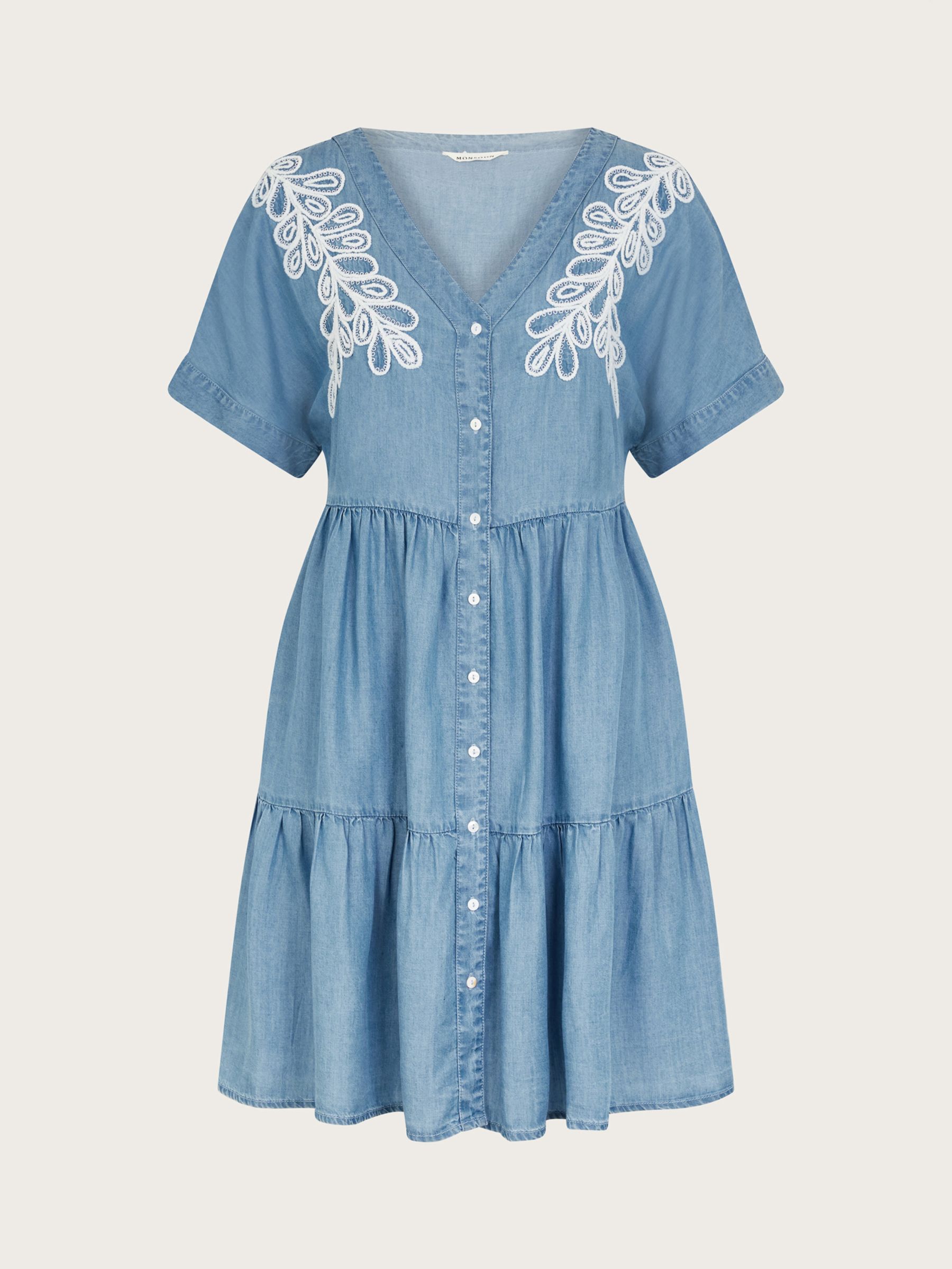 Monsoon Lacy Embroidery Detail Tiered Dress, Denim Blue, S