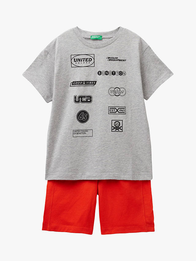 Benetton Kids' Logo T-Shirt & Shorts Set, Melange Grey/Red