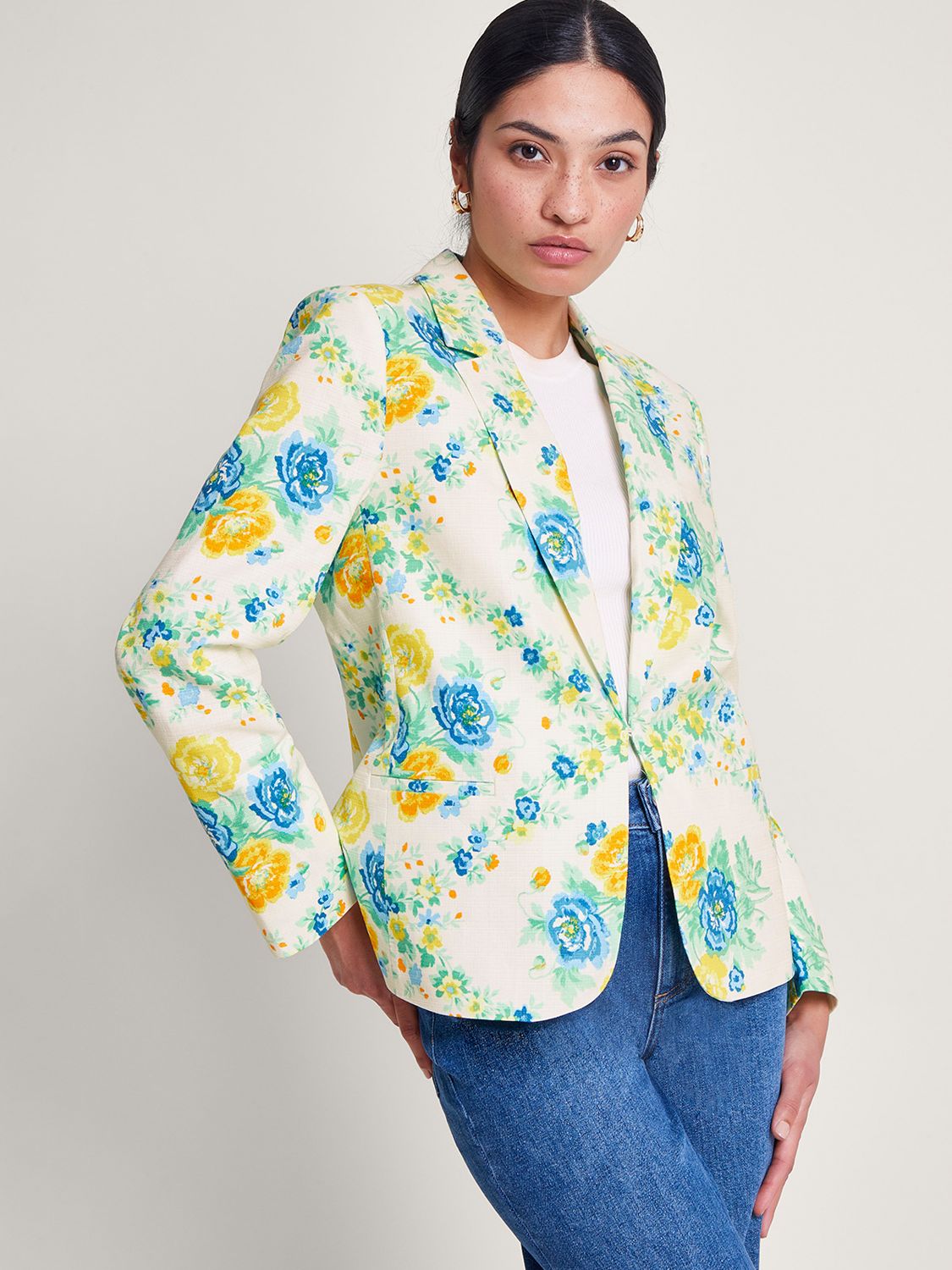 Monsoon Zimira Floral Print Single Breasted Blazer, Ivory/Multi, 8