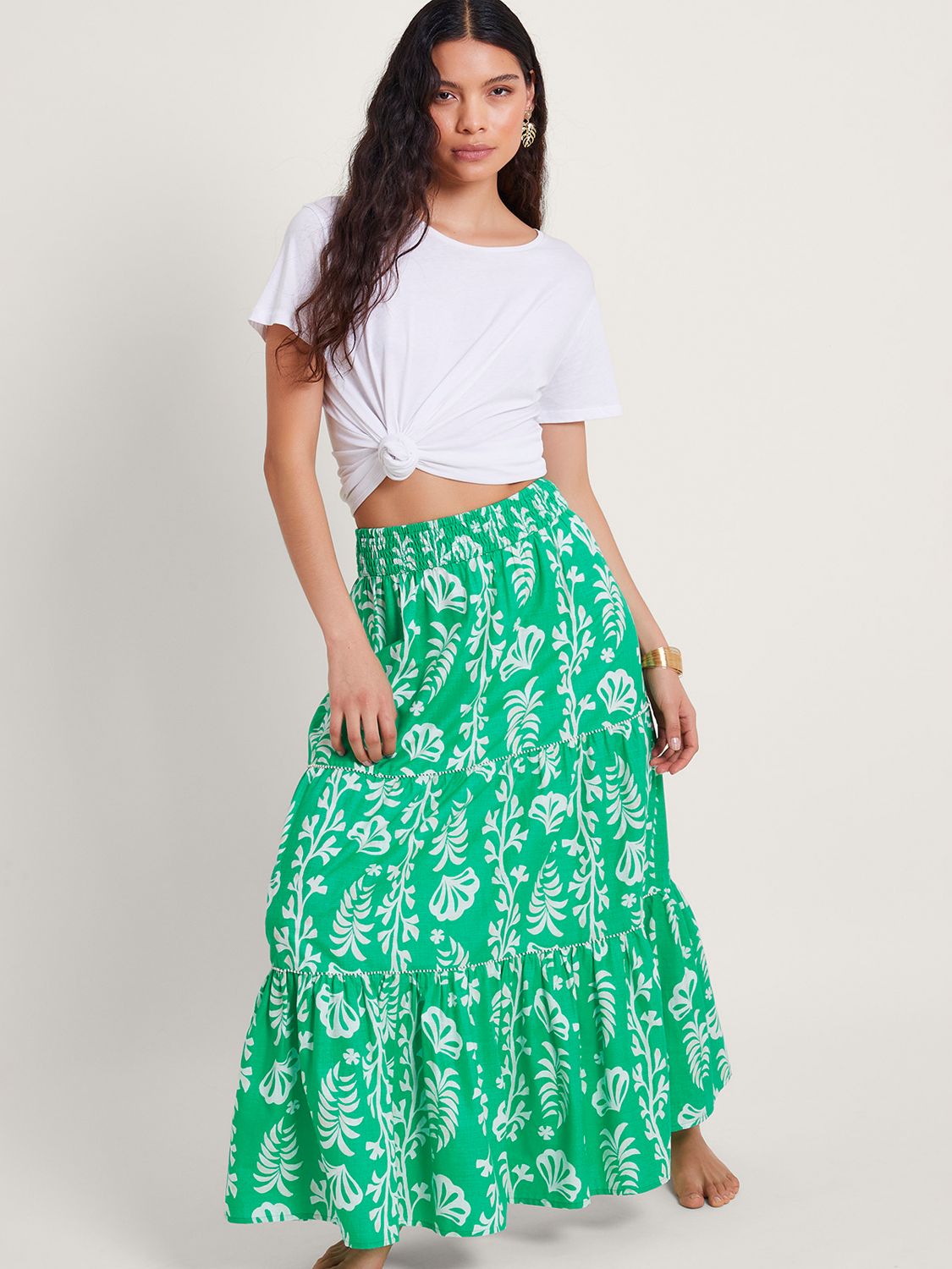 Buy Monsoon Lani Leaf Print Tiered Maxi Skirt, Green Online at johnlewis.com
