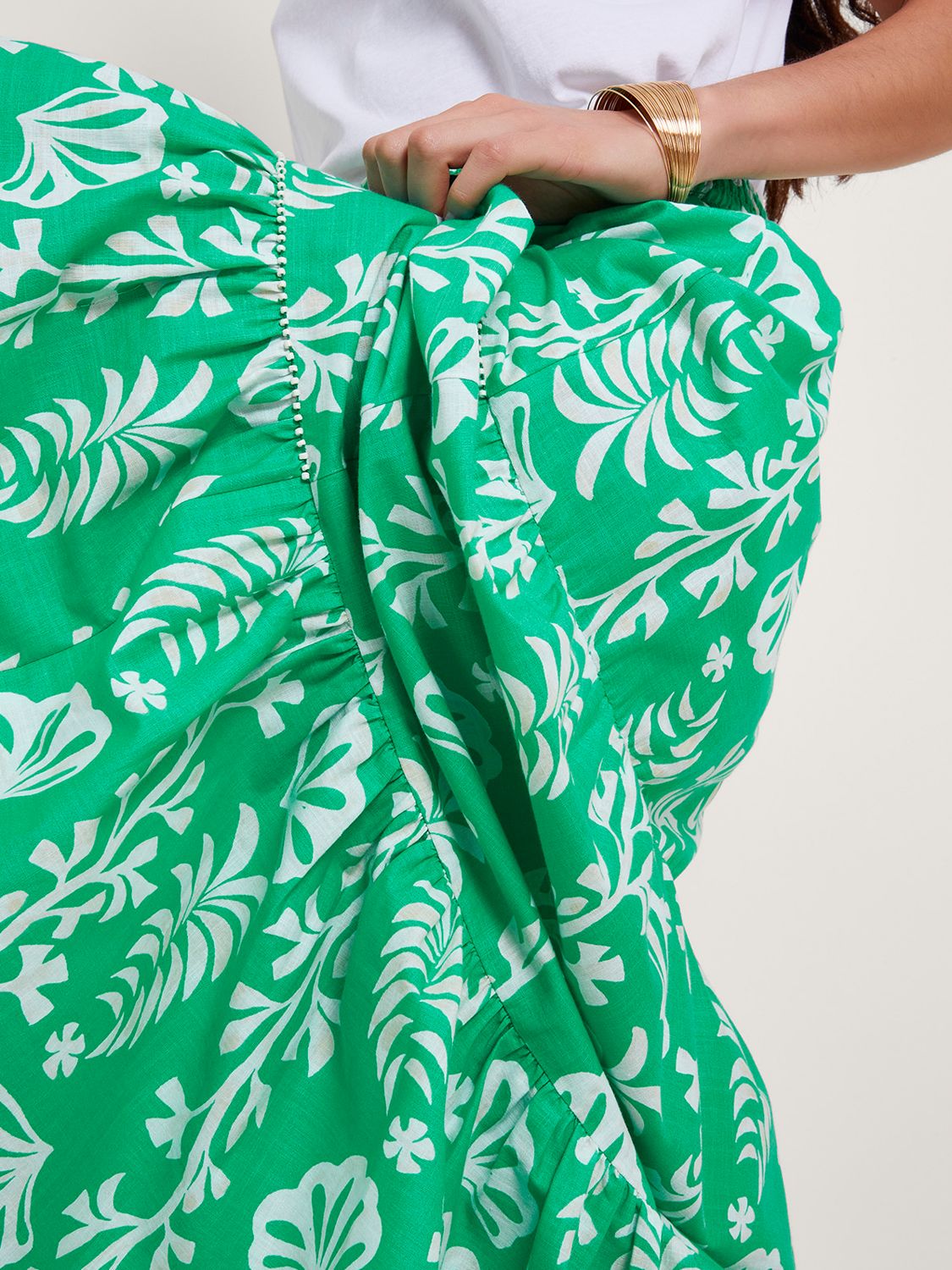 Monsoon Lani Leaf Print Tiered Maxi Skirt, Green, S