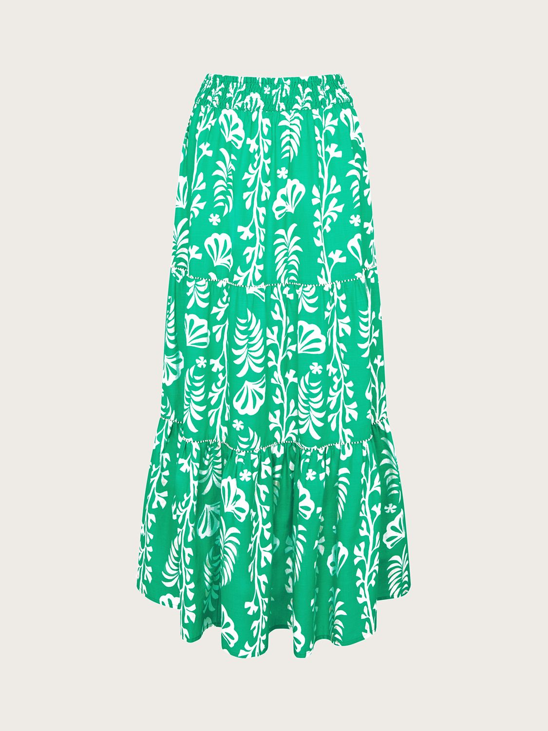 Monsoon Lani Leaf Print Tiered Maxi Skirt, Green, S