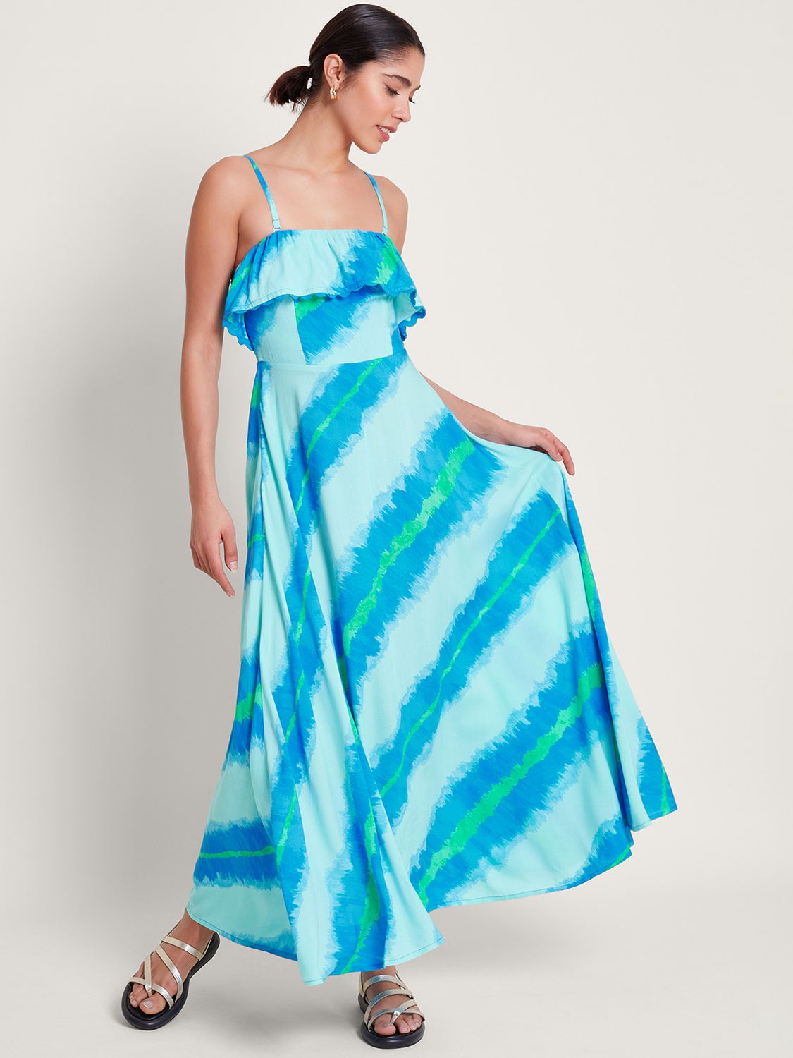 Monsoon Zifia Bandeau Frill Maxi Dress, Blue/Multi, S