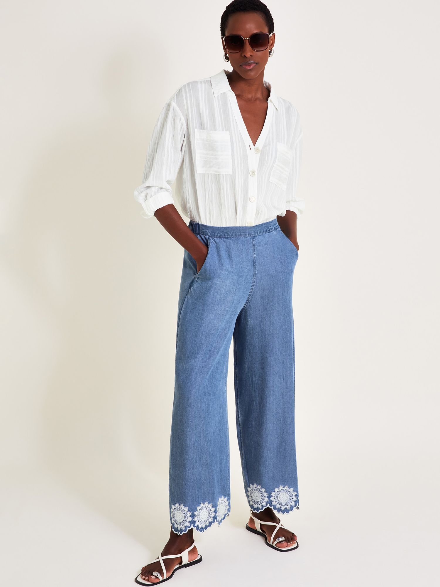 Monsoon Talia Embroidered Trousers, Denim Blue