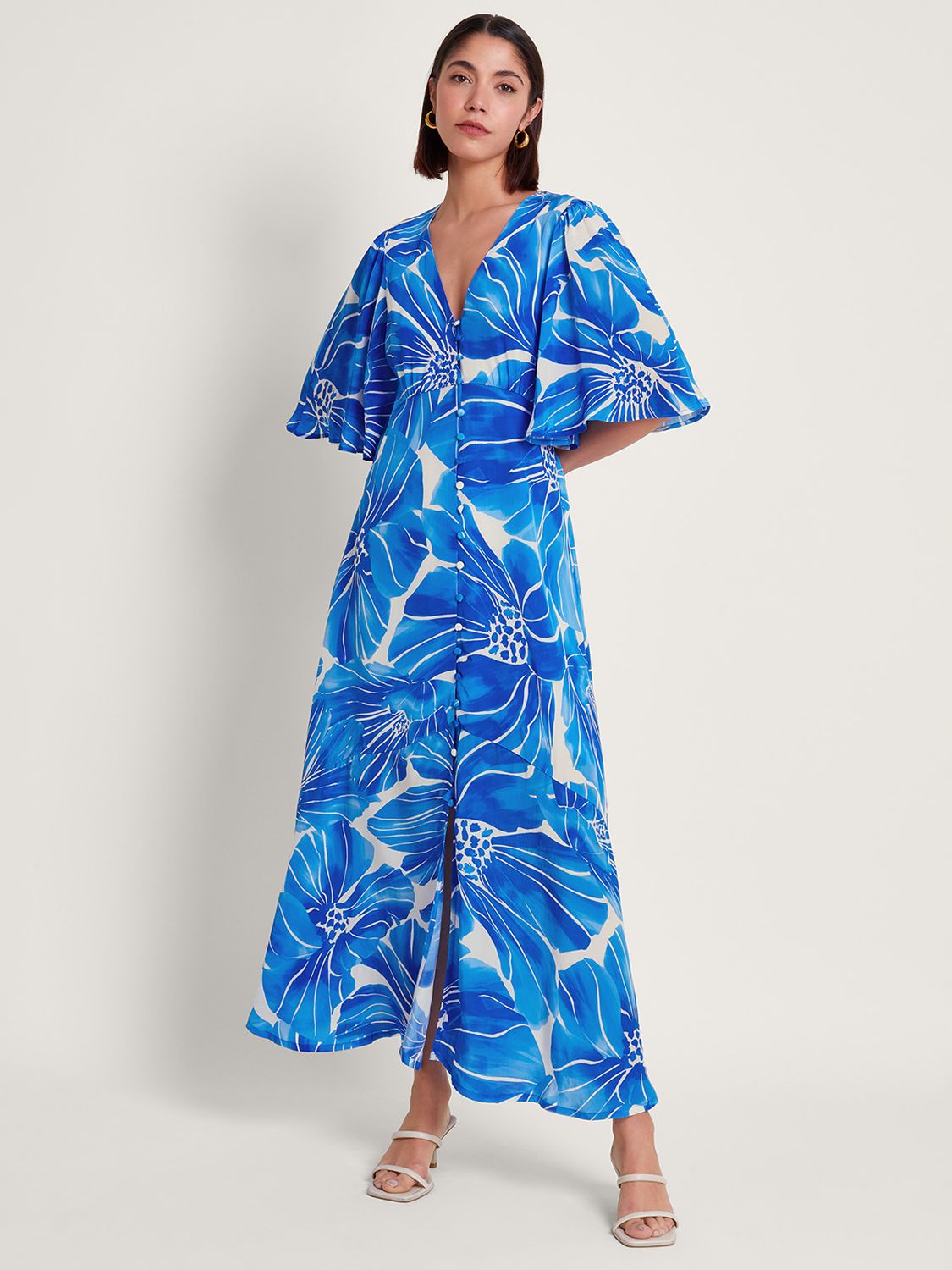 Monsoon Maura Large Floral Print Maxi Dress, Blue/White, 8