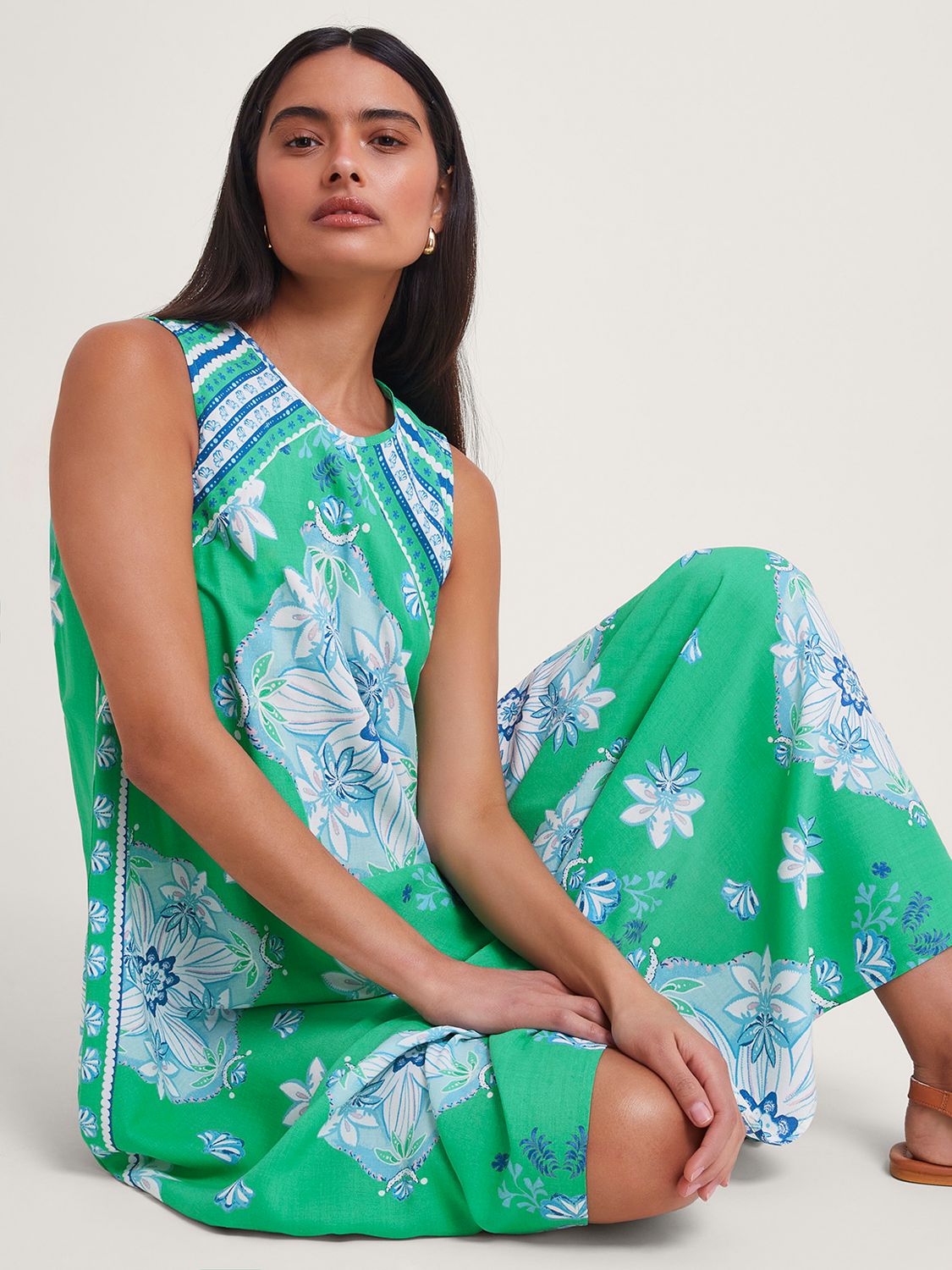 Monsoon Louise Scarf Print Midi Dress, Green/Turquoise, S