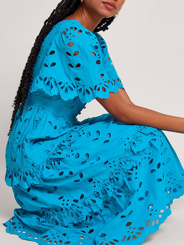 Monsoon Beatrice Broderie Midi Dress, Turquoise