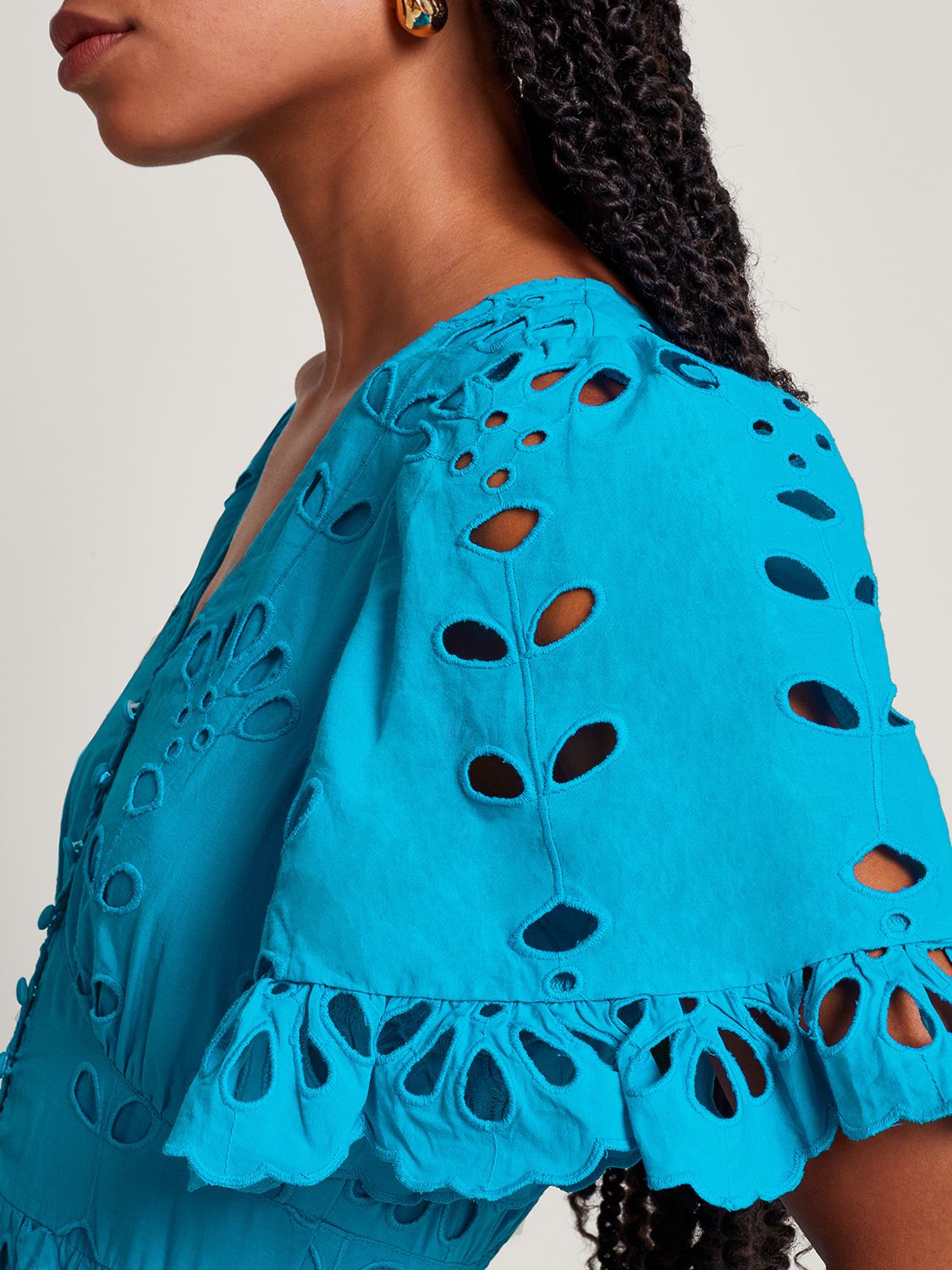 Monsoon Beatrice Broderie Midi Dress, Turquoise, S