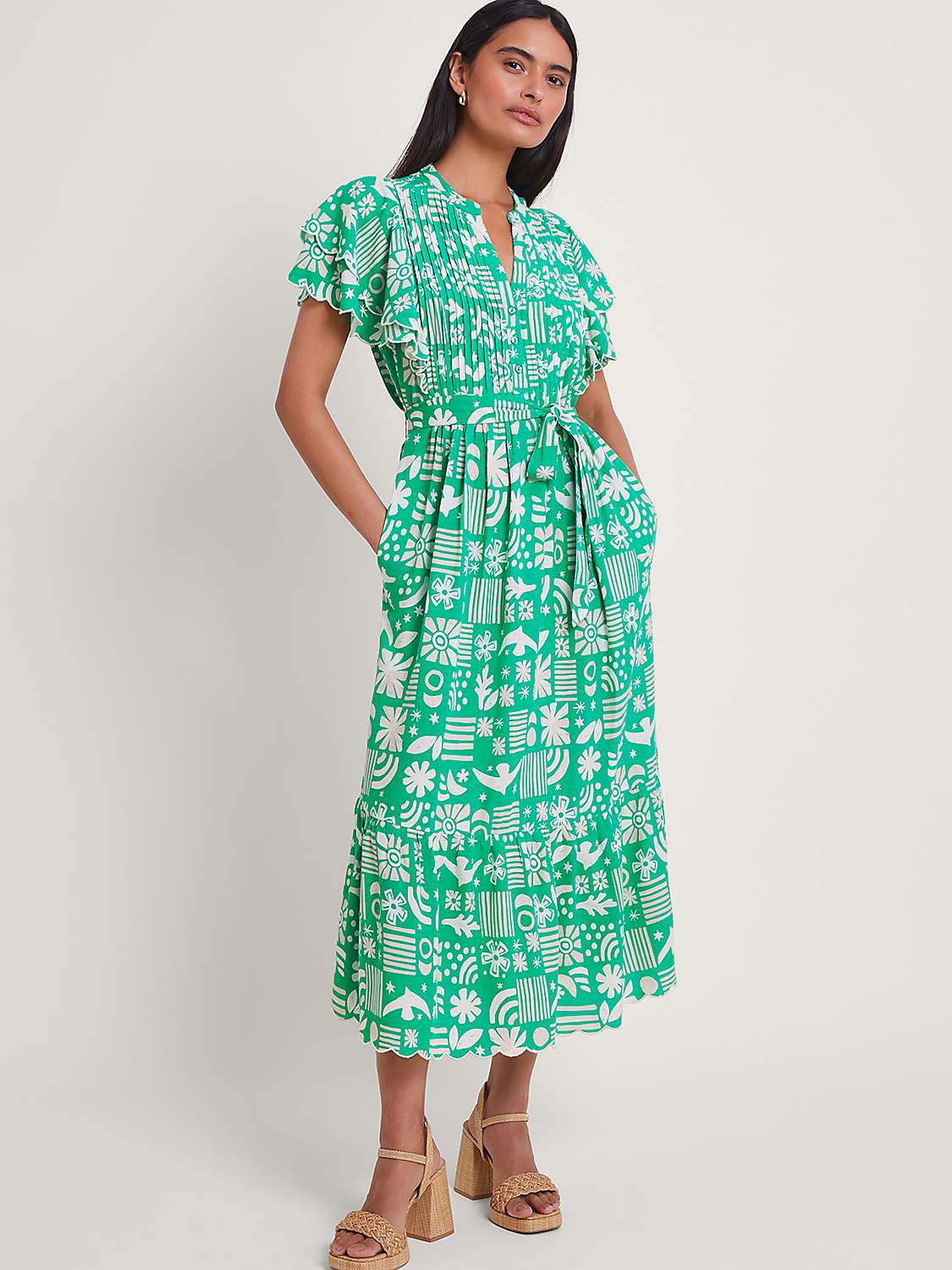 Buy Monsoon Dario Novelty Print Pleat Yoke Midi Dress, Green Online at johnlewis.com