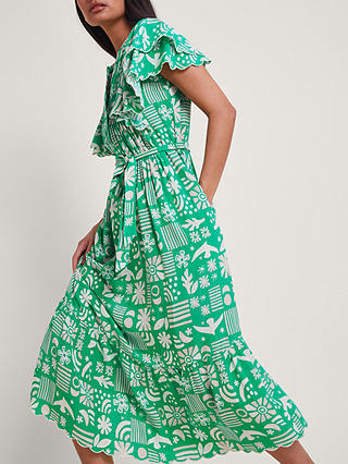 Monsoon Dario Novelty Print Pleat Yoke Midi Dress, Green