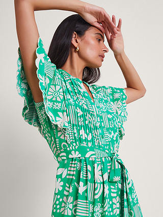 Monsoon Dario Novelty Print Pleat Yoke Midi Dress, Green