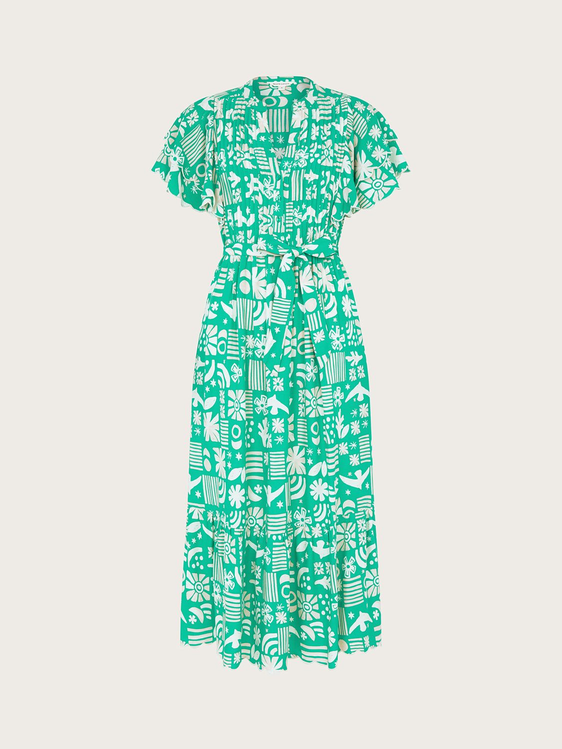 Monsoon Dario Novelty Print Pleat Yoke Midi Dress, Green, S