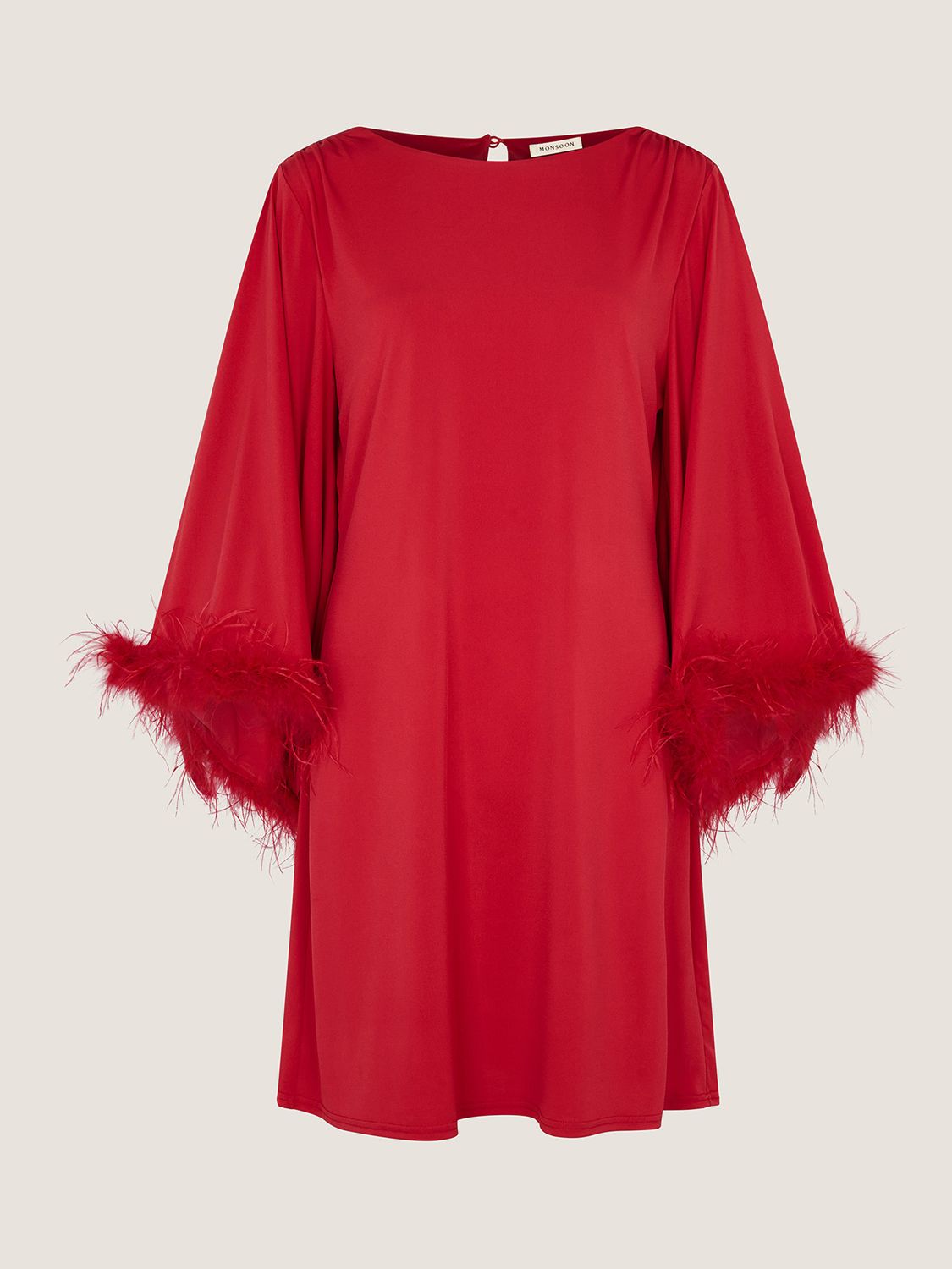 Monsoon Feather Trim Tunic Dress, Red, 8