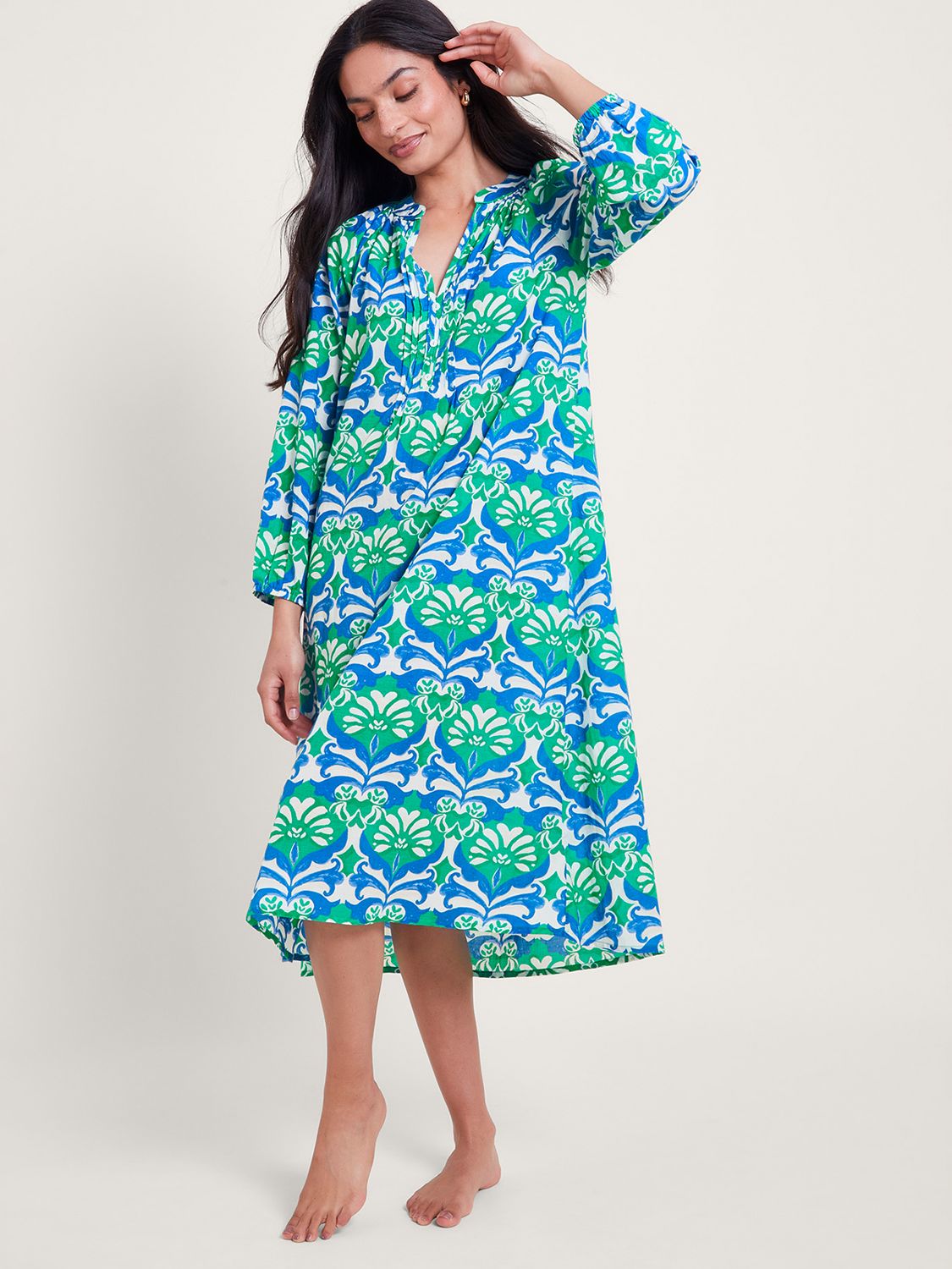 Monsoon Leona Printed Midi Dress, Green, S