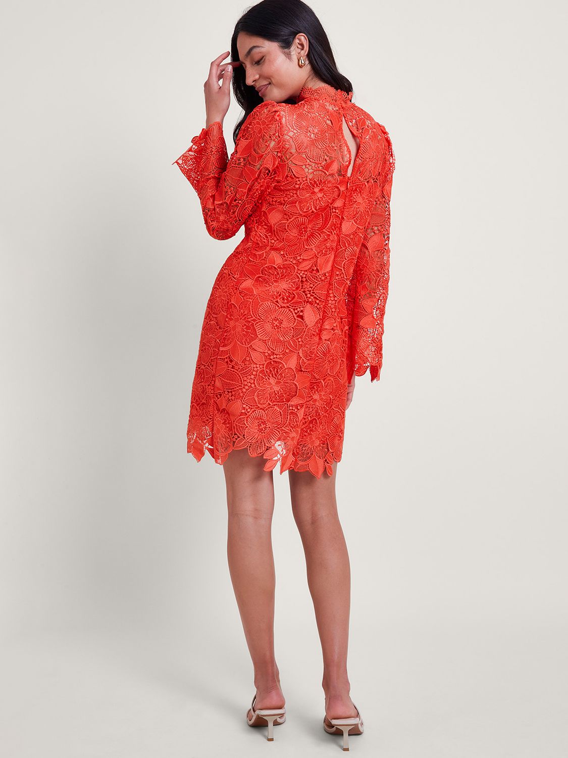 Monsoon Lila Guipure Lace High Neck Mini Dress, Orange, 20