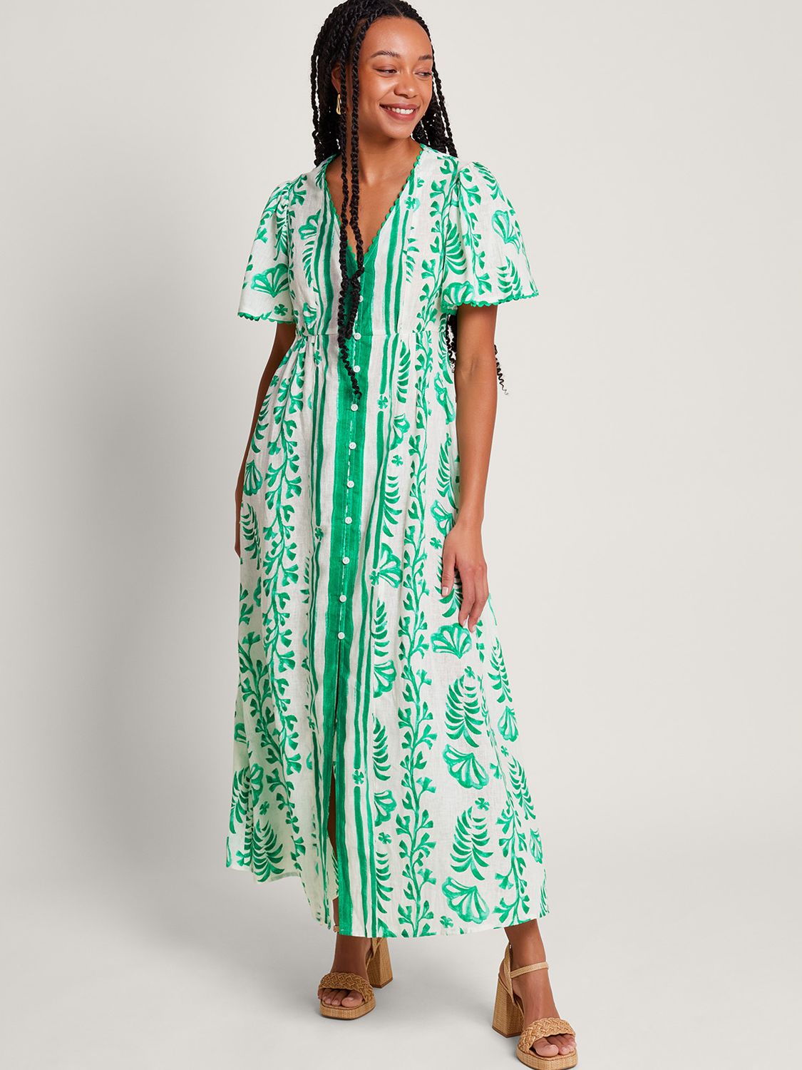 Monsoon Lani Linen Blend Button Down Maxi Dress, Ivory/Green, S