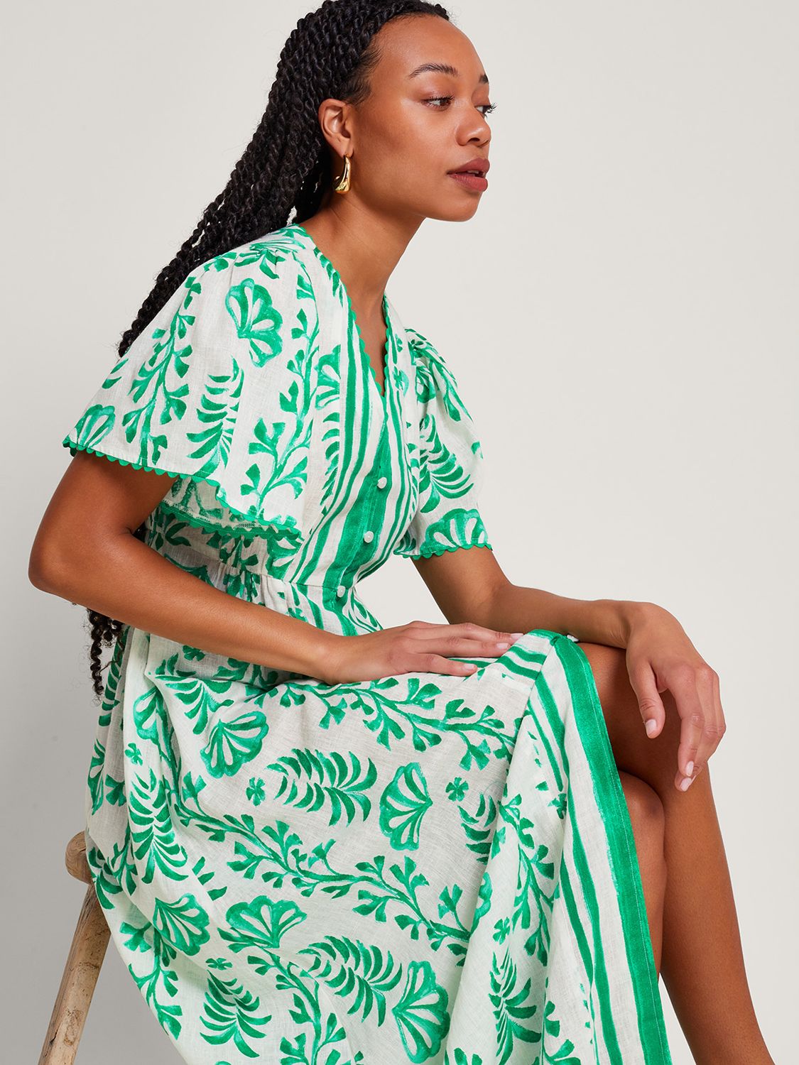Monsoon Lani Linen Blend Button Down Maxi Dress, Ivory/Green, S