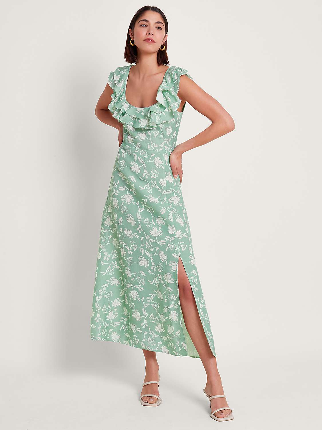 Buy Monsoon Saskia Ruffle Trim Leaf Print Linen Blend Midaxi Dress, Green/White Online at johnlewis.com