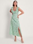 Monsoon Saskia Ruffle Trim Leaf Print Linen Blend Midaxi Dress, Green/White