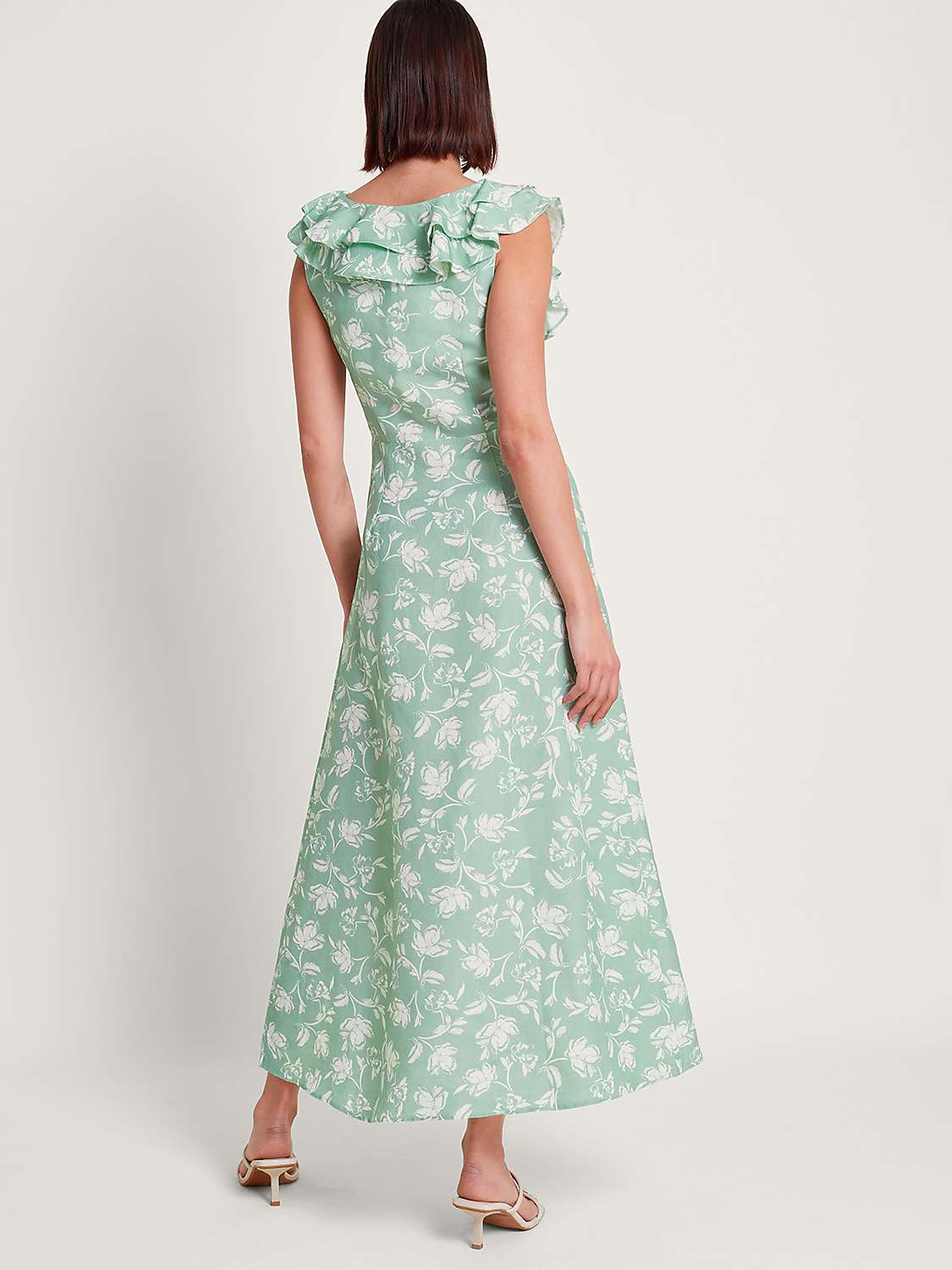 Buy Monsoon Saskia Ruffle Trim Leaf Print Linen Blend Midaxi Dress, Green/White Online at johnlewis.com