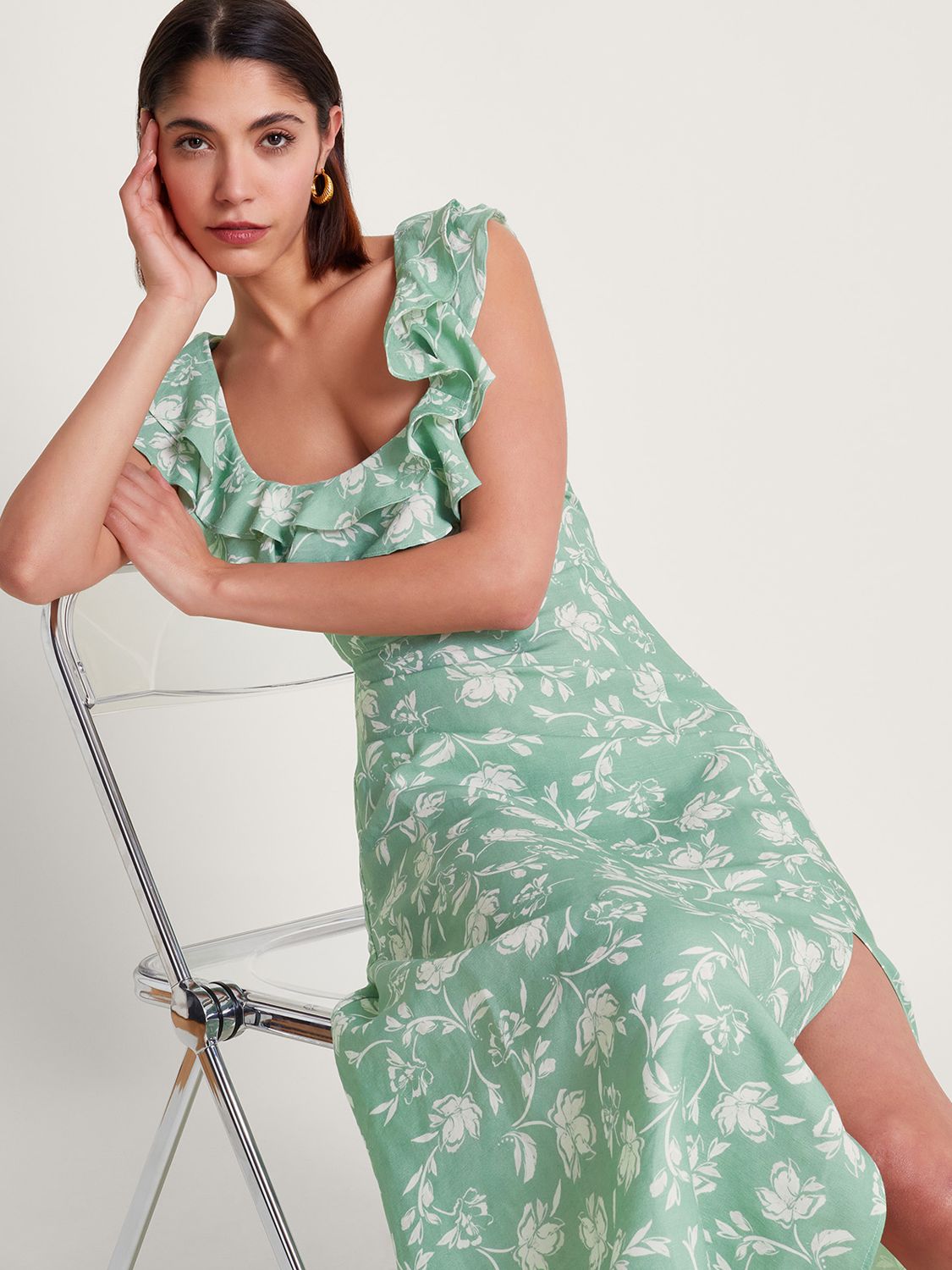 Monsoon Saskia Ruffle Trim Leaf Print Linen Blend Midaxi Dress, Green/White, 8