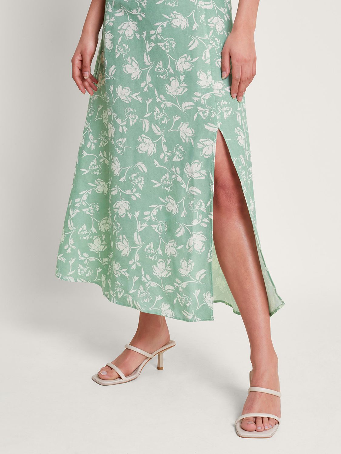 Monsoon Saskia Ruffle Trim Leaf Print Linen Blend Midaxi Dress, Green/White, 8