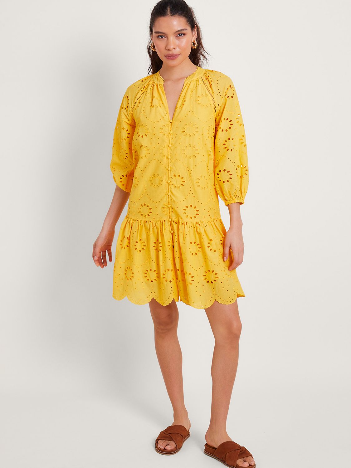 Monsoon Tilly Broderie Cotton Mini Dress, Yellow, S