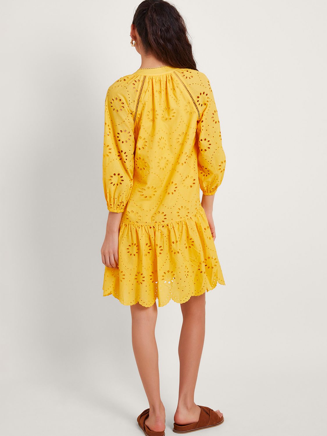 Monsoon Tilly Broderie Cotton Mini Dress, Yellow, S