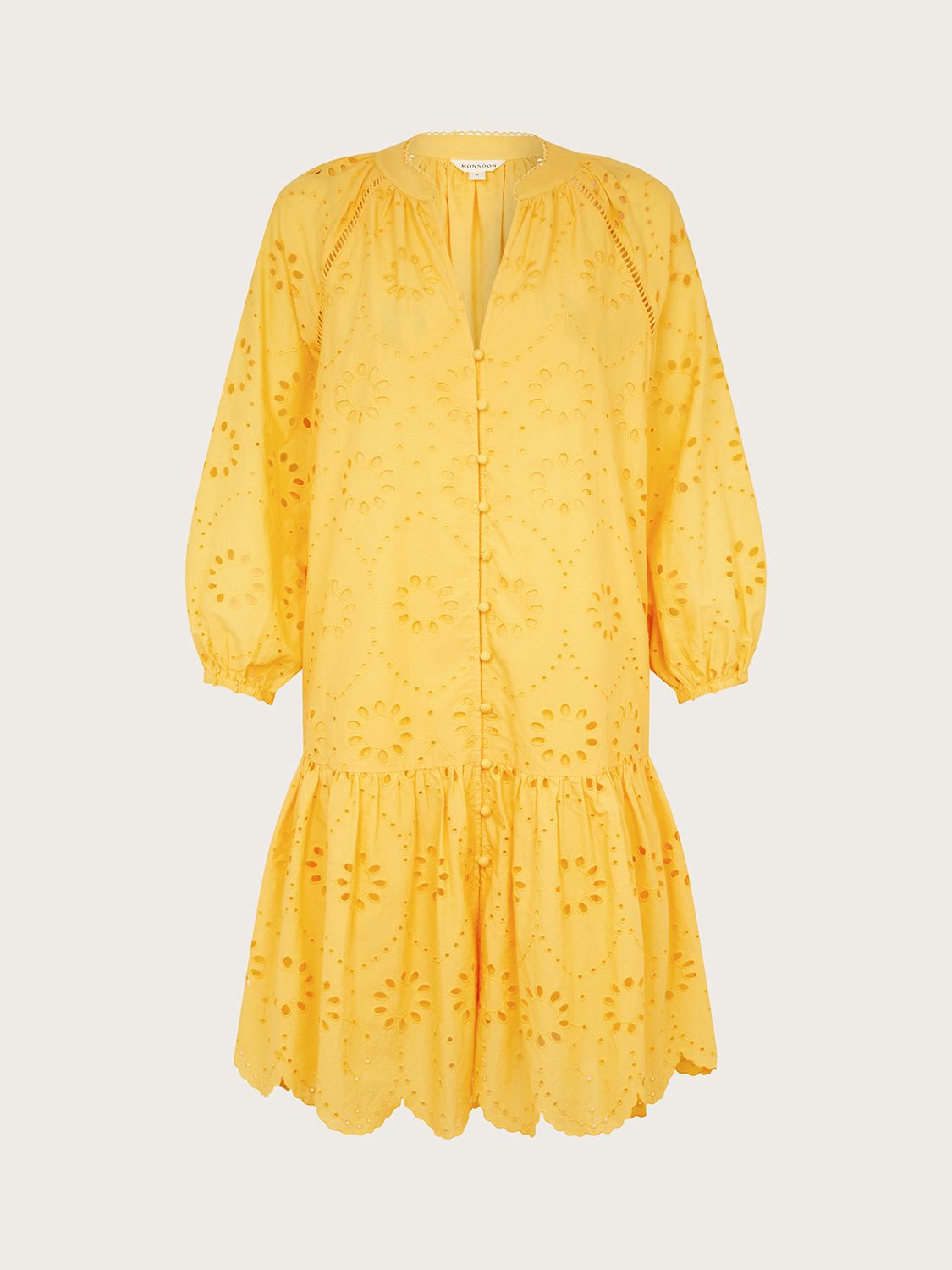 Monsoon Tilly Broderie Cotton Mini Dress, Yellow, S