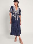 Monsoon Tori Floral and Polka Dot Midi Tea Dress, Navy