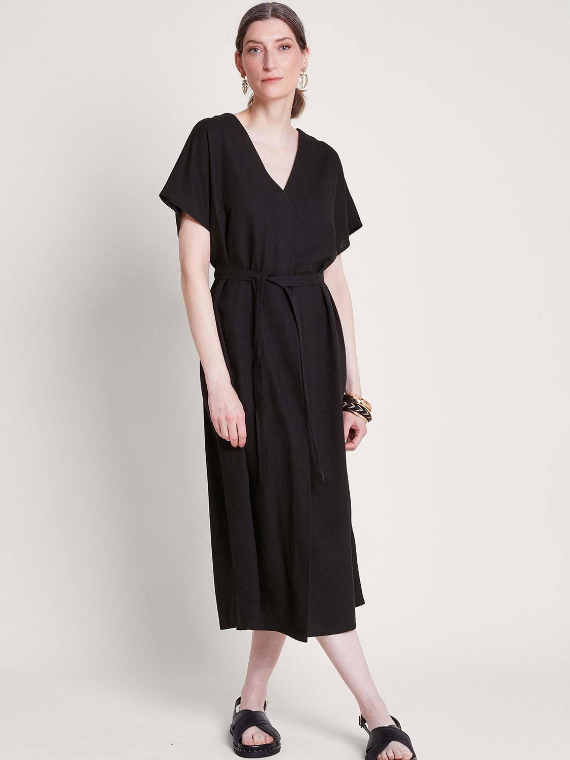 Monsoon Verity Linen Blend Midi Dress, Black, S