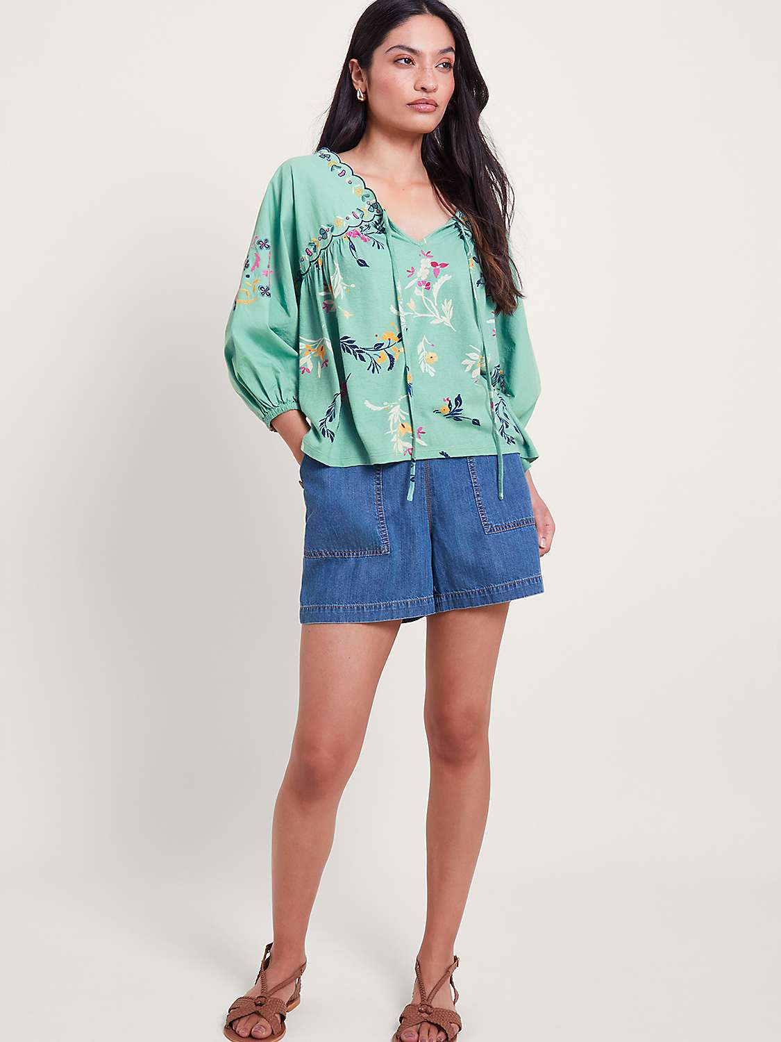 Buy Monsoon Maya Floral Embroidery Linen Blend Top, Green Online at johnlewis.com