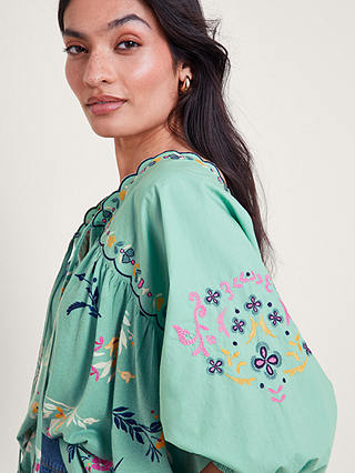 Monsoon Maya Floral Embroidery Linen Blend Top, Green