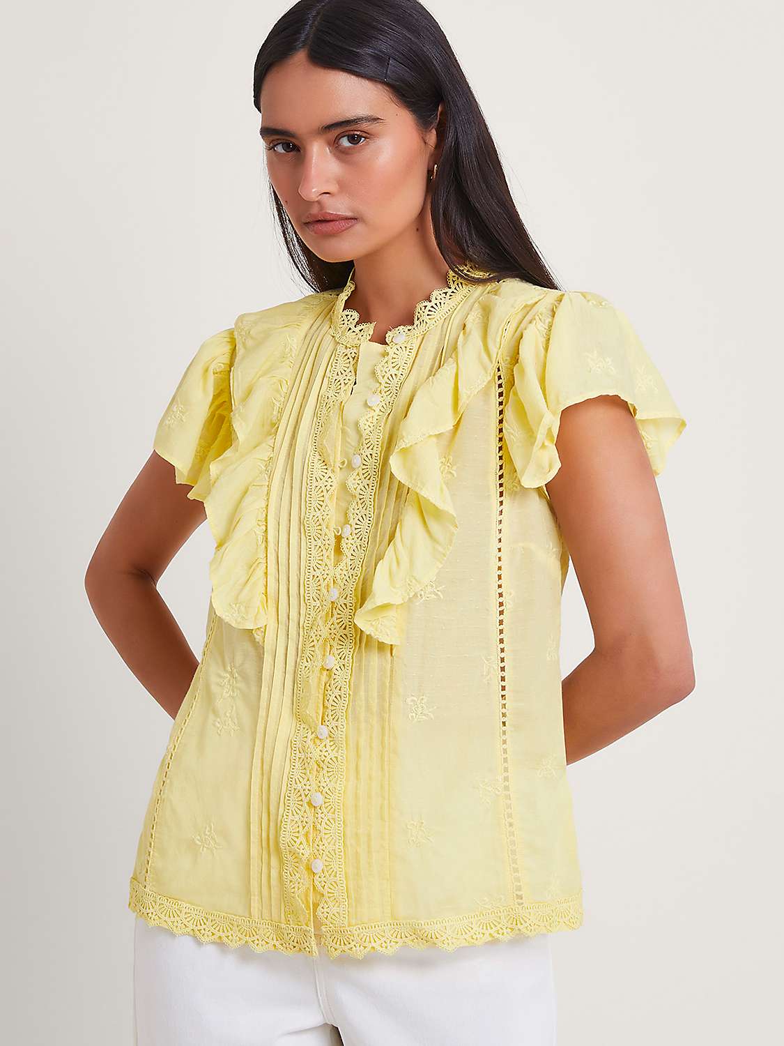 Buy Monsoon Rue Ruffle Embroidered Blouse, Lemon Online at johnlewis.com