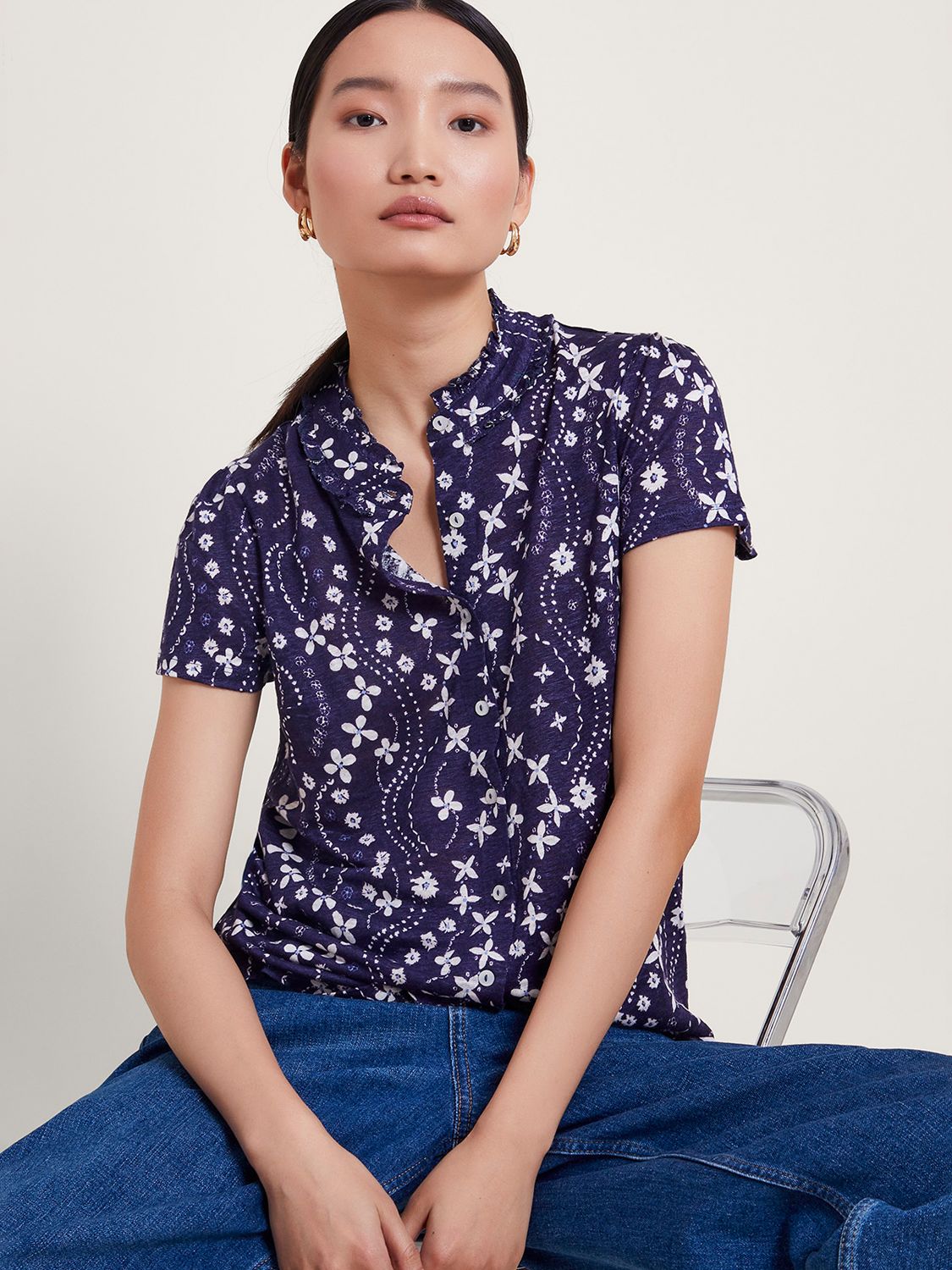 Monsoon Serena Floral Print Linen Top, Navy/White, S