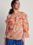 Monsoon Zimira Floral Print Bardot Blouse, Orange/Multi