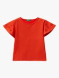 Benetton Kids' Floral Embroidered Sleeve T-Shirt, Bright Red